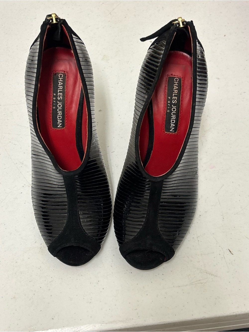 Charles Jourdan Black Patent Peep-Toe Heels with Red Lining